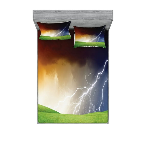 Ambesonne Landscape Fitted Sheet & Pillow Sham Set, Thunder Field, Full, Green Orange Blue