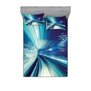 Ambesonne Landscape Fitted Sheet & Pillow Sham Set, Tokyo at Night, Full, Blue White and Dark Blue