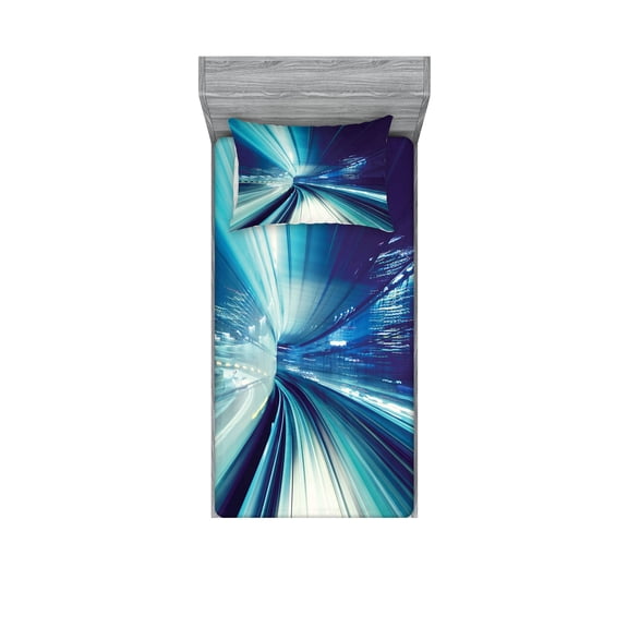 Ambesonne Landscape Fitted Sheet & Pillow Sham Set, Tokyo at Night, Twin, Blue White and Dark Blue