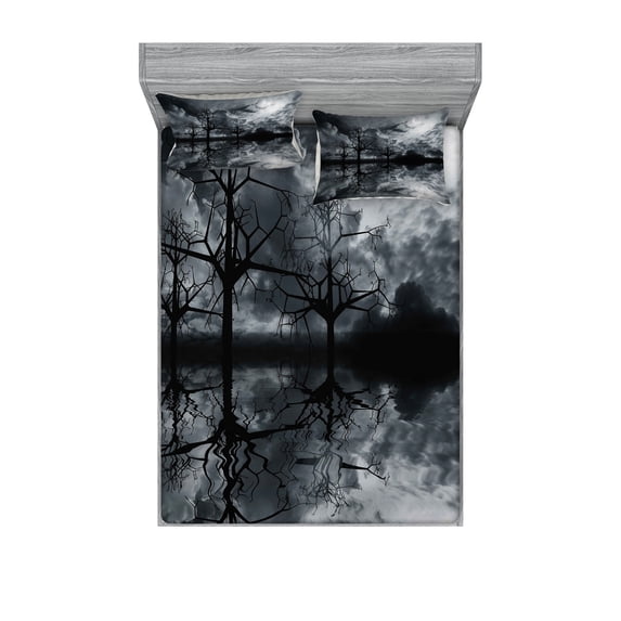 Ambesonne Landscape Fitted Sheet & Pillow Sham Set, Trees Night Sky Cloud, Full, Black White Grey
