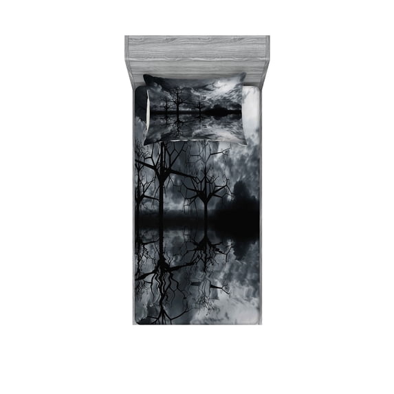 Ambesonne Landscape Fitted Sheet & Pillow Sham Set, Trees Night Sky Cloud, Twin, Black White Grey