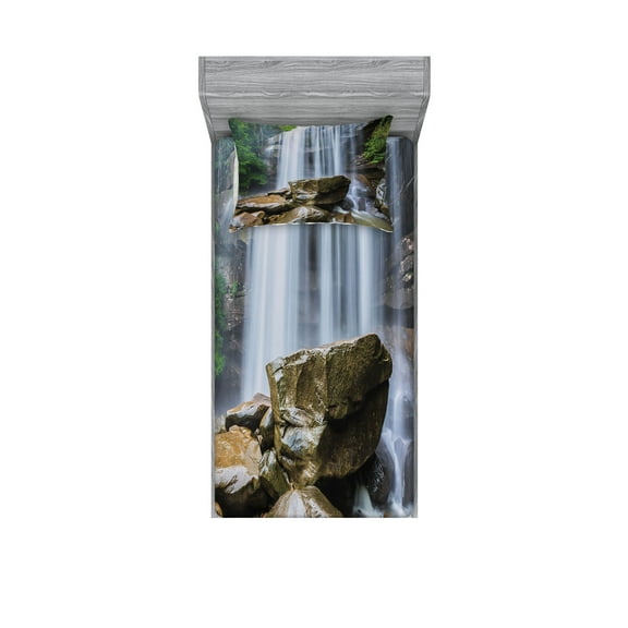 Ambesonne Landscape Fitted Sheet & Pillow Sham Set, Tropical Waterfalls, Twinxl, White Green and Brown