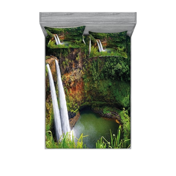 Ambesonne Landscape Fitted Sheet & Pillow Sham Set, Twin Waterfalls Hawai, Full, Green