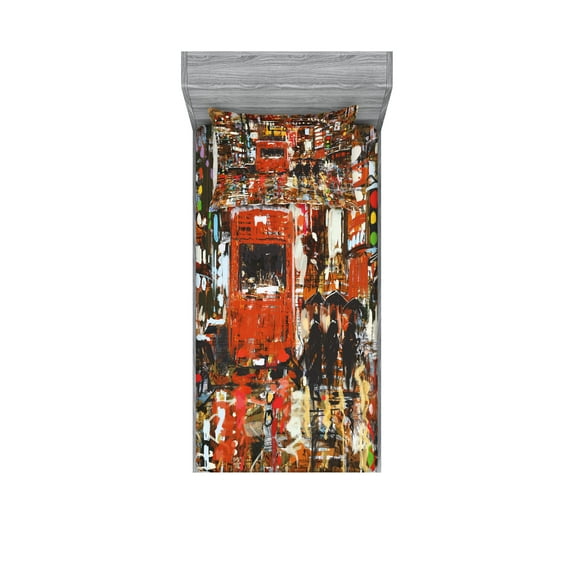 Ambesonne Landscape Fitted Sheet & Pillow Sham Set, Urban Abstract City, Twinxl, Multicolor