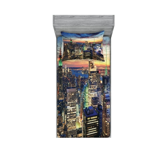 Ambesonne Landscape Fitted Sheet & Pillow Sham Set, Urban Skyline of NYC, Twinxl, Orange Blue