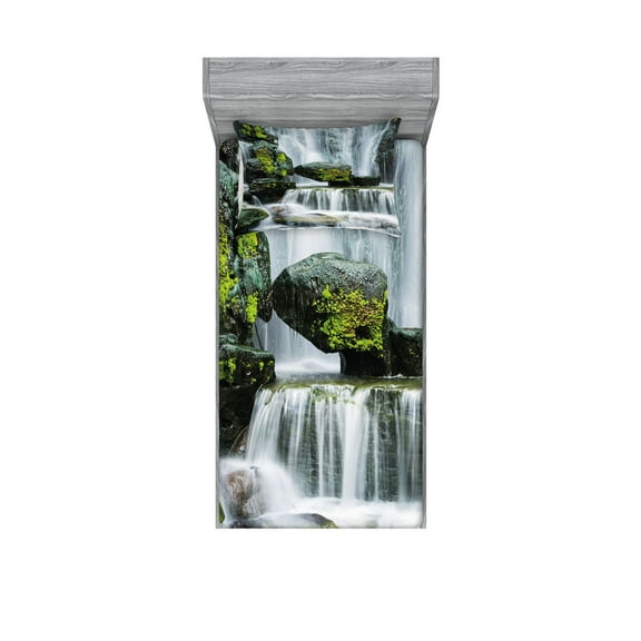Ambesonne Landscape Fitted Sheet & Pillow Sham Set, Waterfall with Rocks, Twinxl, Green Black and White