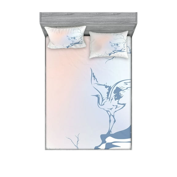 Ambesonne Landscape Fitted Sheet & Pillow Sham Set, Winter Tree Branches, Full, Blue Pink