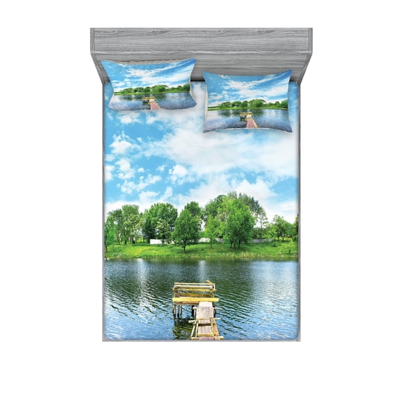 Ambesonne Landscape Fitted Sheet & Pillow Sham Set, Wooden Dock over Lake, Queen, Multicolor