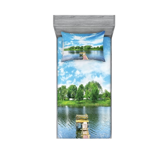 Ambesonne Landscape Fitted Sheet & Pillow Sham Set, Wooden Dock over Lake, Twinxl, Multicolor