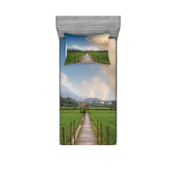 Ambesonne Landscape Fitted Sheet & Pillow Sham Set, Wooden Rural Path, Twin, Green Blue