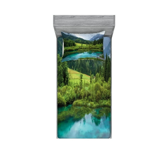 Ambesonne Landscape Fitted Sheet & Pillow Sham Set, Zelenci Pond Slovenia, Twinxl, Green Aqua