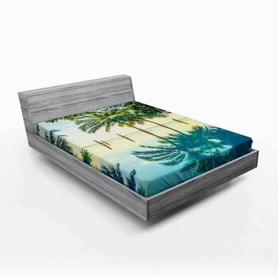 Ambesonne Landscape Fitted Sheet, Pool Nearly Beach, Queen Size, Green Blue