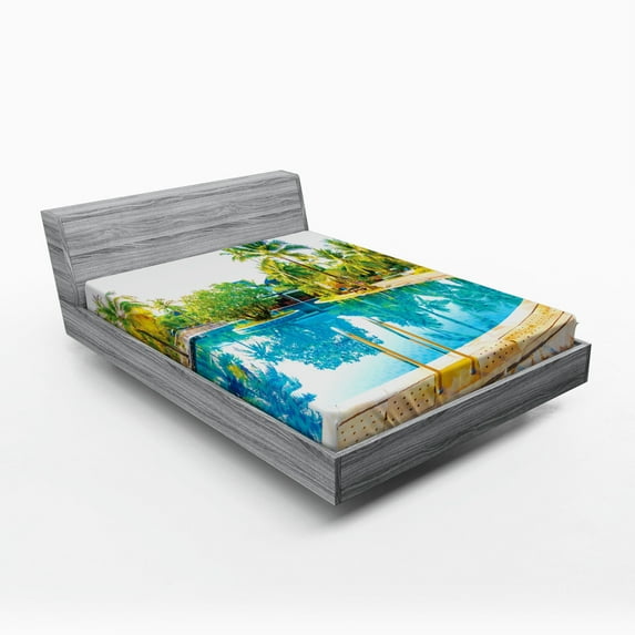 Ambesonne Landscape Fitted Sheet, Pool Resort Travel, Queen Size, Green Blue Cream