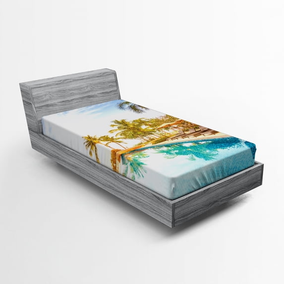 Ambesonne Landscape Fitted Sheet, Poolside Exotic Island, Twin XL Size, Multicolor