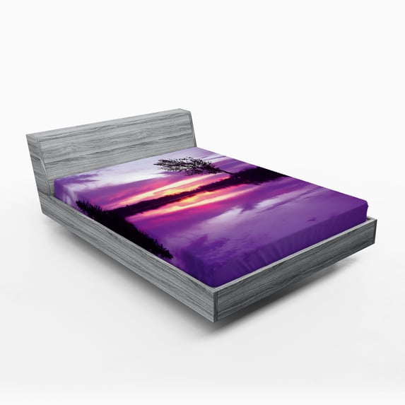 Ambesonne Landscape Fitted Sheet, Purple Shade Skies, Queen Size, Lavender Black