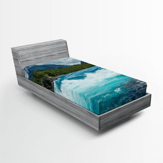 Ambesonne Landscape Fitted Sheet, River Cloudy Mountain, Twin Size, White Green Grey