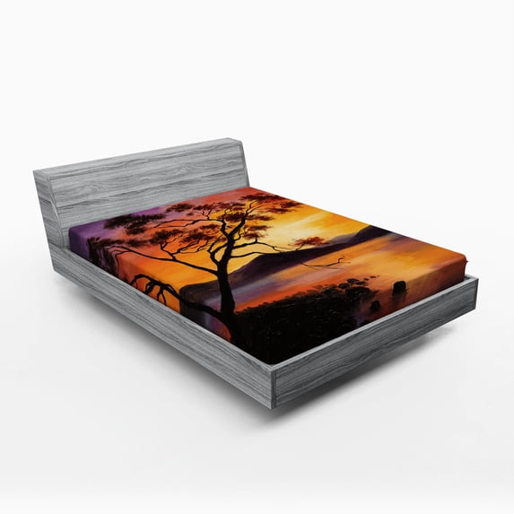 Ambesonne Landscape Fitted Sheet, River Mountain Sunset, Queen Size, Burnt Orange Purple