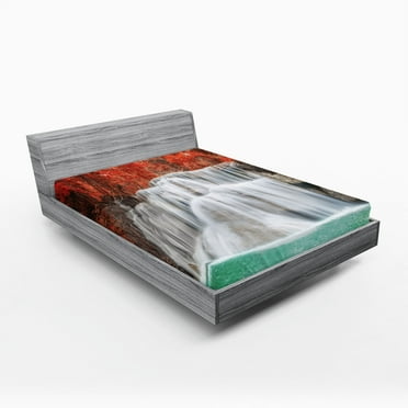 Ambesonne Landscape Fitted Sheet, River in the Fall, Queen Size, Vermilion Pale Blue