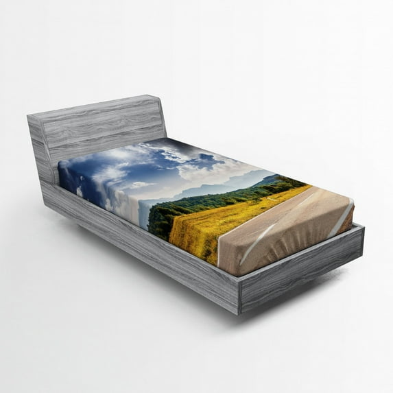 Ambesonne Landscape Fitted Sheet, Road Hot Sunny Road, Twin XL Size, Amber Taupe Green