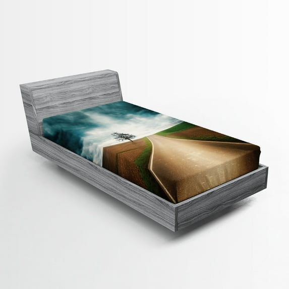 Ambesonne Landscape Fitted Sheet, Roads Travel Clouds, Twin Size, Brown Teal
