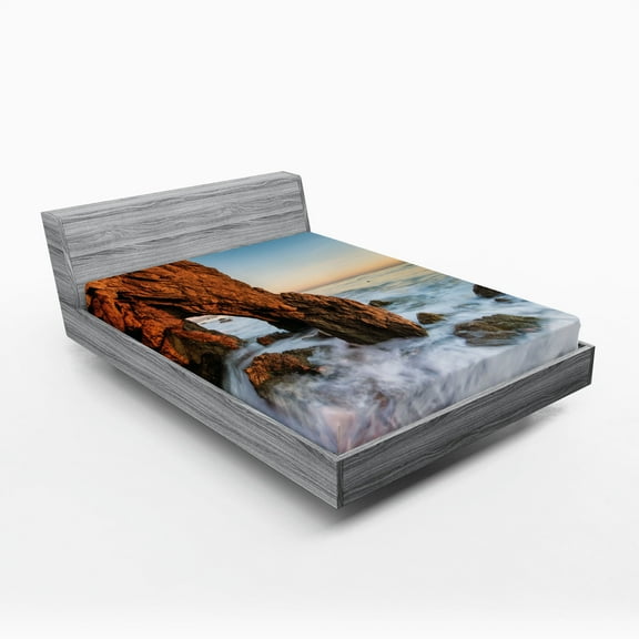 Ambesonne Landscape Fitted Sheet, Rocky Sea Cliff Ocean, Full Size, Cinnamon and Blue