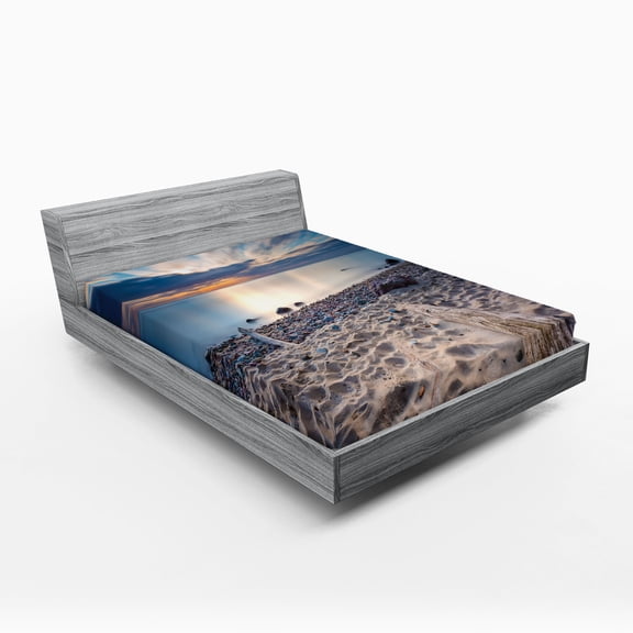 Ambesonne Landscape Fitted Sheet, Rocky Sea Shore Trees, Queen Size, Blue and Beige