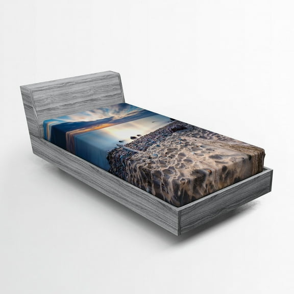 Ambesonne Landscape Fitted Sheet, Rocky Sea Shore Trees, Twin XL Size, Blue and Beige