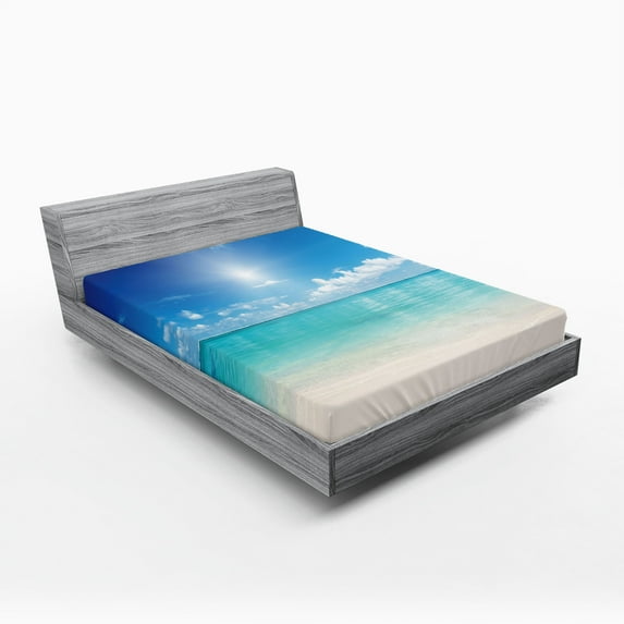 Ambesonne Landscape Fitted Sheet, Sky and Tropical Sea, Queen Size, Cream Turquoise White