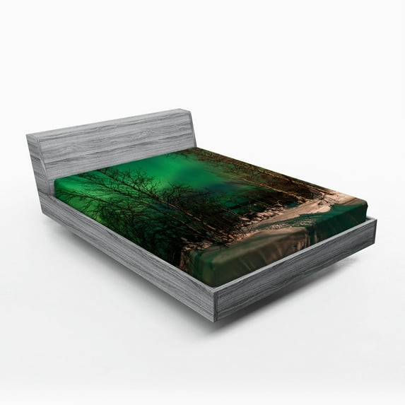 Ambesonne Landscape Fitted Sheet, Snowy Frozen Road, Full Size, Jade Green Brown White