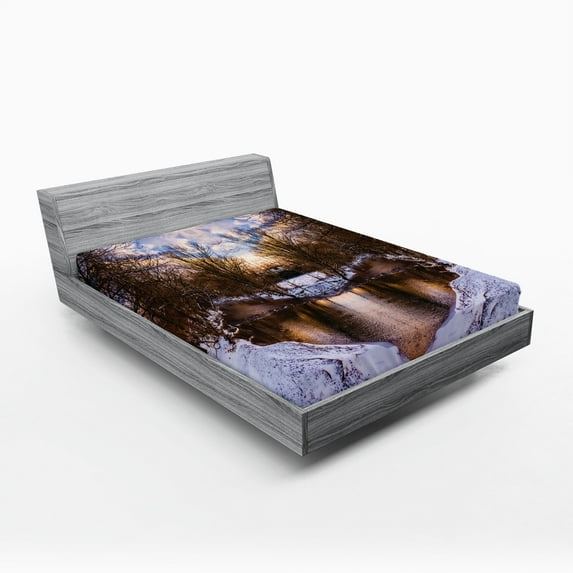 Ambesonne Landscape Fitted Sheet, Snowy Winter Park Lake, Queen Size, Brown and White