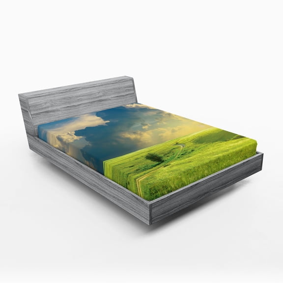 Ambesonne Landscape Fitted Sheet, Summer Spring Rural, Queen Size, Blue Green