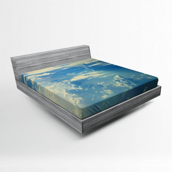 Ambesonne Landscape Fitted Sheet, Sunrise Foggy Morning, Full Size, Navy Cream