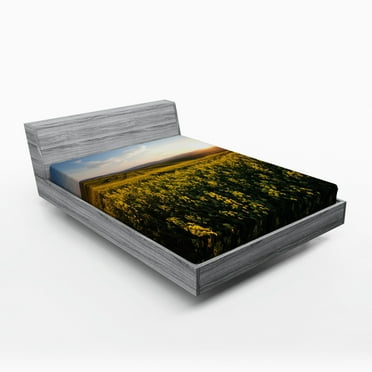 Ambesonne Landscape Fitted Sheet, Sunset Flower Field, Full Size, Yellow Green Blue