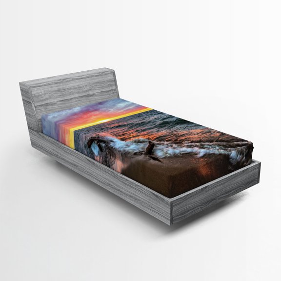 Ambesonne Landscape Fitted Sheet, Sunset Horizon Lake, Twin Size, Blue Grey Orange