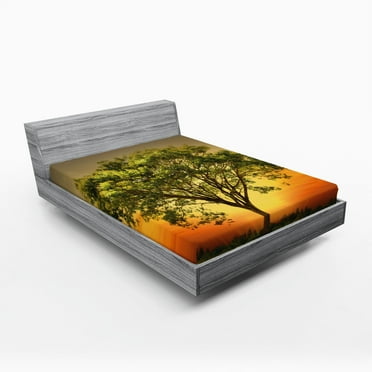 Ambesonne Landscape Fitted Sheet, Sunset Scenery Valley, Queen Size, Fern Green Marigold