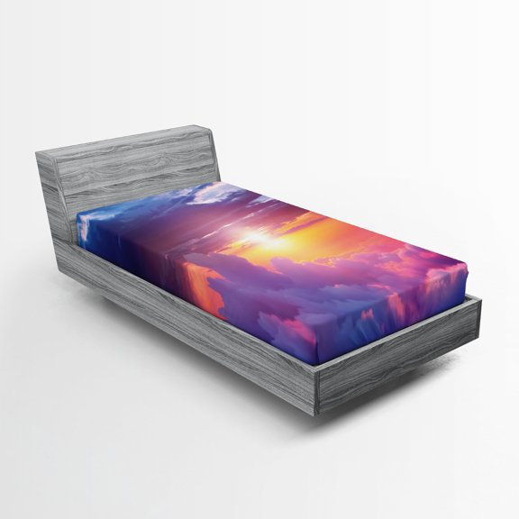 Ambesonne Landscape Fitted Sheet, Sunset Sky and Clouds, Twin XL Size, Blue Yellow Purple
