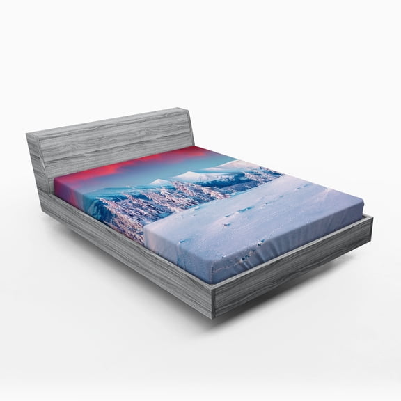 Ambesonne Landscape Fitted Sheet, Sunset Snowy Winter, Full Size, Dark Coral Sky Blue