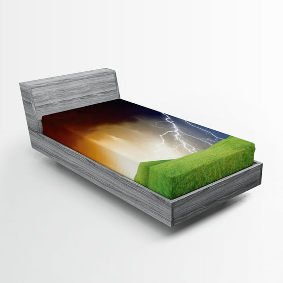 Ambesonne Landscape Fitted Sheet, Thunder Field, Twin Size, Green Orange Blue