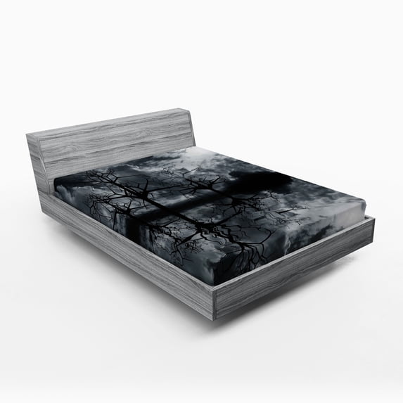 Ambesonne Landscape Fitted Sheet, Trees Night Sky Cloud, Full Size, Black White Grey
