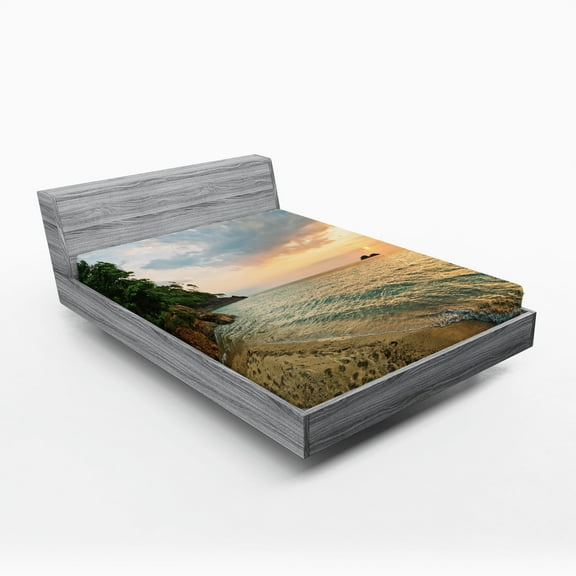 Ambesonne Landscape Fitted Sheet, Tropic Botanic Forest, Full Size, Turquoise Peach