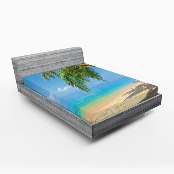 Ambesonne Landscape Fitted Sheet, Tropic Botanic Image, Full Size, Sky Blue Cream