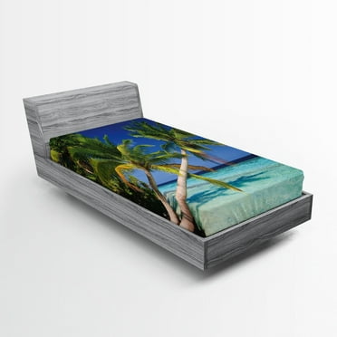 Ambesonne Landscape Fitted Sheet, Tropic Island Palms, Twin XL Size, Aqua Blue Green