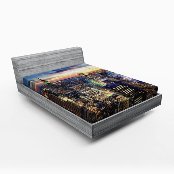 Ambesonne Landscape Fitted Sheet, Urban Skyline of NYC, Queen Size, Orange Blue