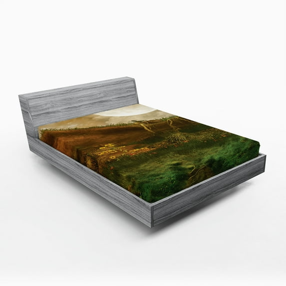 Ambesonne Landscape Fitted Sheet, Valley with Full Moon, Full Size, Fern Green Cinnamon