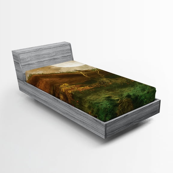 Ambesonne Landscape Fitted Sheet, Valley with Full Moon, Twin Size, Fern Green Cinnamon