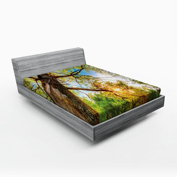 Ambesonne Landscape Fitted Sheet, Vibrant Summer Sky, Queen Size, Green Brown