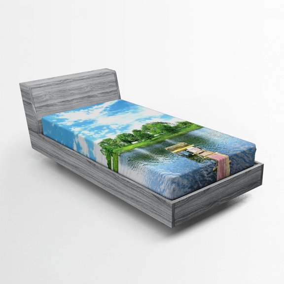 Ambesonne Landscape Fitted Sheet, Wooden Dock over Lake, Twin XL Size, Multicolor