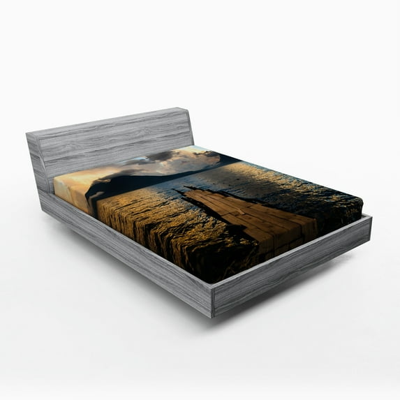 Ambesonne Landscape Fitted Sheet, Wooden Pier on Lake, Queen Size, Multicolor