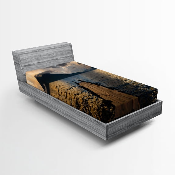 Ambesonne Landscape Fitted Sheet, Wooden Pier on Lake, Twin Size, Multicolor