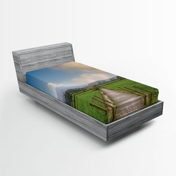 Ambesonne Landscape Fitted Sheet, Wooden Rural Path, Twin Size, Green Blue